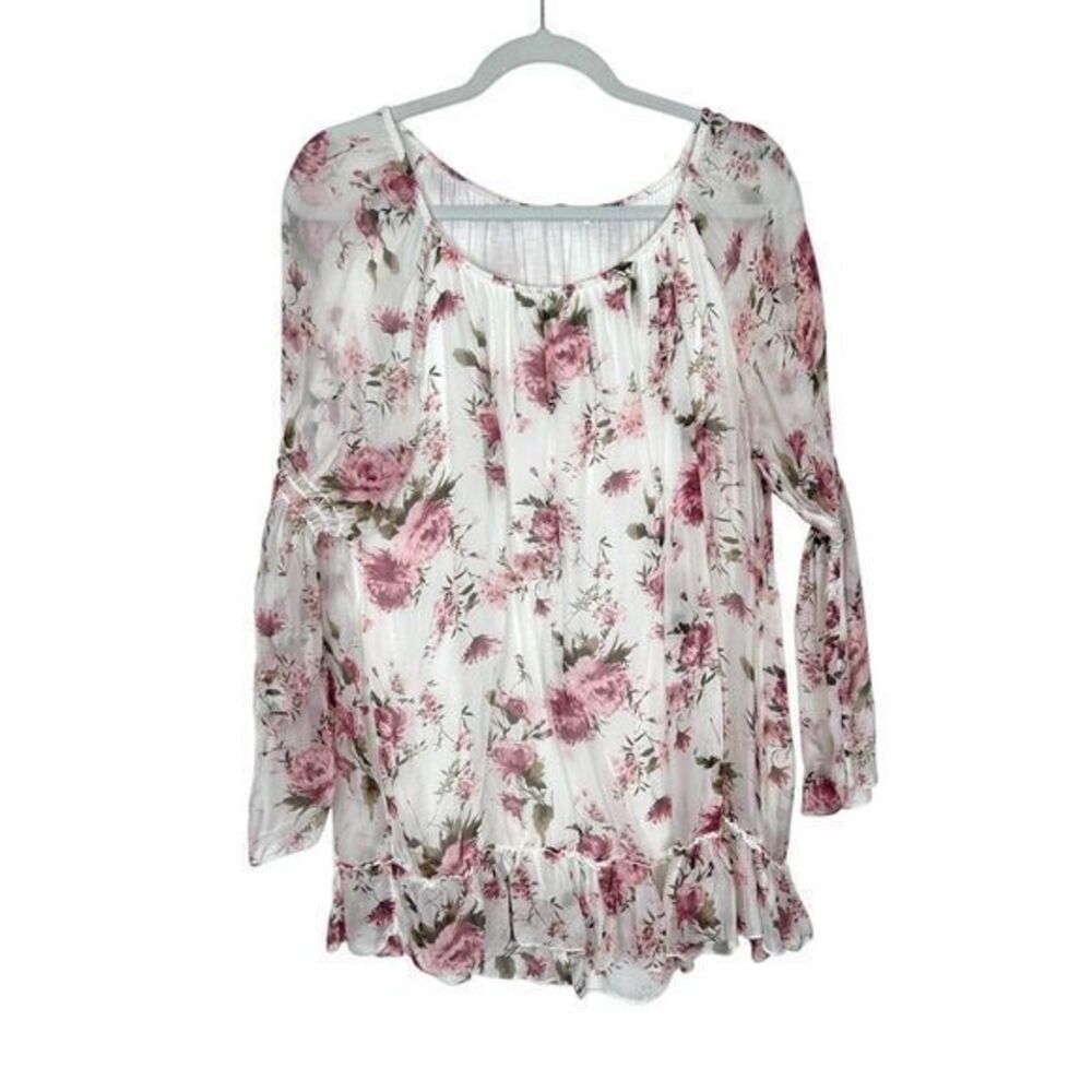 Made in Italy Silk Blend Blouse Large White Pink Rose Floral Sheer Top Womens